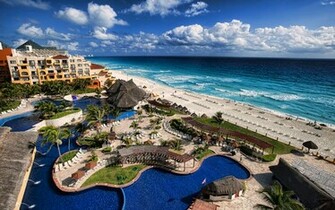 Tropical Beach Ocean Hotel Waves Sky Clouds Wallpaper Background