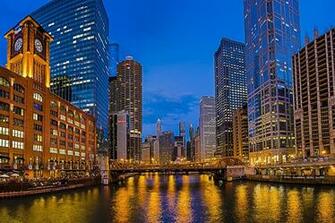 Chicago Illinois Usa City Night Skyscraper Buildings River Lights