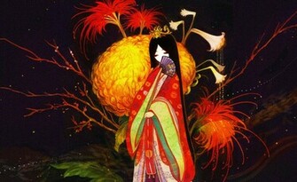 Tekening Meisje Kimono Ventilator Chrysanten Wallpaper