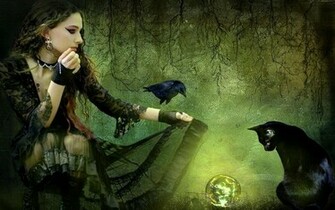 Witch Magic Forest Crystal Ball Raven Black Cat Woman Wallpaper