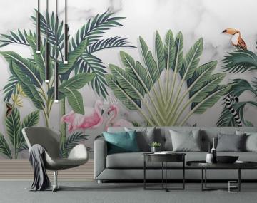 Flamingo Toucan With Vintage Forest Wallpaper Mural