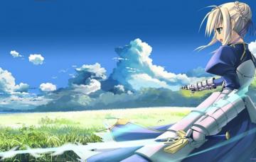 Wallpaper The Sky Grass Girl Sword Meadow Armor Saber