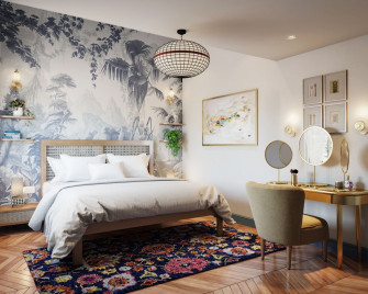 Grey And White Tropical Bedroom Wallpaper Design