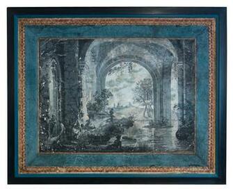 Framed Antique Scenic Wallpaper Panel Fragment Art Shop Rubbish
