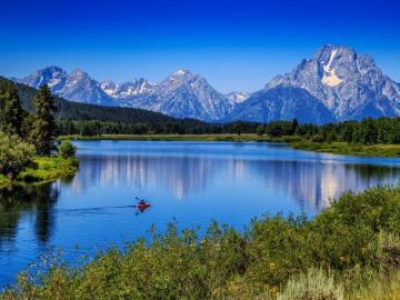 Wallpaper Mountains Trees Blue Sky River Boat HD