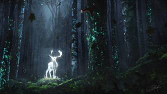 Wallpaper Deer Forest Night Glow Art Grass