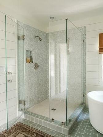 Blue Gray Shower Tiles Cottage Bathroom Lauren Liess Interiors