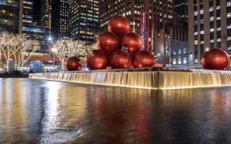 Red Christmas Baubles Water Fountain Photo New York Image