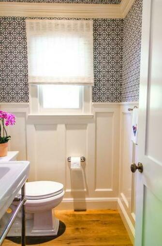 Lovely Powder Room With White Recessed Panel Wainscoting On Lower Wall