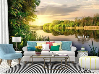 Wall Mural Vibrant Sunset On River Natural Summer Scenery Stock