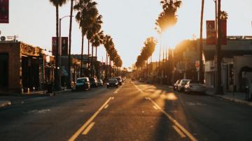 Wallpaper Id Street City Sunset Palm Trees Cars 4k