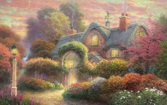 Fairytale Cottage Painting Computer Desktop Wallpaper Pictures