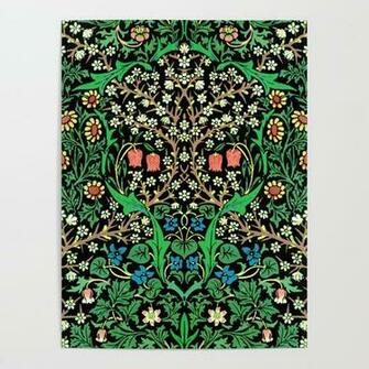 William Morris Jacobean Floral Black Background Poster By