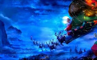 Santa Claus Coming To Town Riding His Reindeer Sleigh Flying In