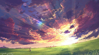 Anime Clouds Sky Sunset Sun Rays Field Wallpaper
