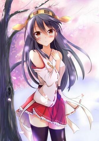 HD Wallpaper Haruna Kancolle Trees Flower Petals Thigh Highs