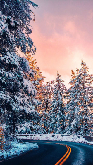 Wallpaper Road Trees Snow Sunset Turn