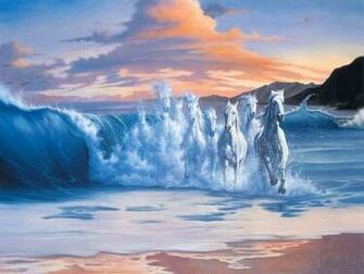 White Horses Running On The Beach Painting Wallpaper