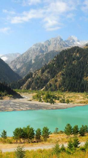 Wallpaper Lake Issyk Kul Kyrgyzstan Mountains Forest 4k