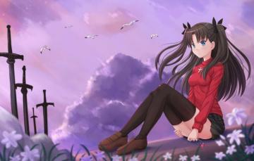 Wallpaper Girl Nature Sitting Tohsaka Rin Fate Stay Night