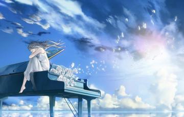 Wallpaper The Sky Water Girl Flowers Piano Image For Desktop