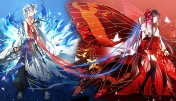 Anime Character Red Blue Wings Couple Kimono Girl Male Wallpaper