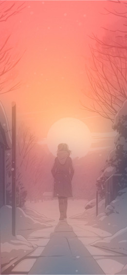 Winter Sunset And Girl Anime Wallpaper HD