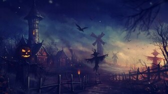 Halloween Night In Village Art Wallpaper