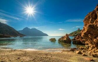 Wallpaper Sea Beach The Sky Sun Rays Mountains Stones