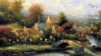 Paintings Nature Wallpaper Trees Houses