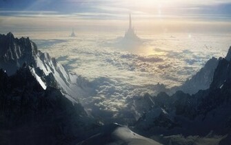 Surreal Wallpaper Mountain Clouds Castle Stock Photos