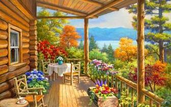 Log Cabin Covered Porch Wallpaper HD