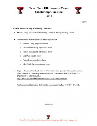 Texas Tech Uil Summer Camps Scholarship Guidelines