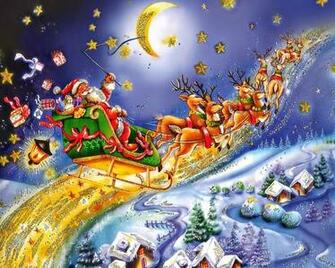 Santa Claus Coming To Town Riding His Reindeer Sleigh Flying In