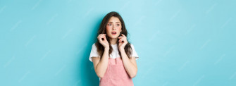 Portrait Scared Timid Girl Summer Clothes Looking Frightened Copy Space Banner Jumping From Wallpaper