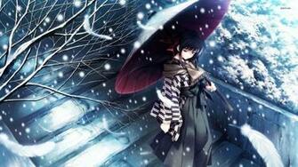 Snow Tree Kimono Girl Alone Sad Anime Blue Wallpaper HD