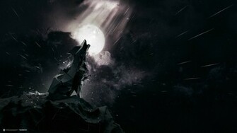 Wolf Rock Howling Sky Moon Meteor Shower Wallpaper