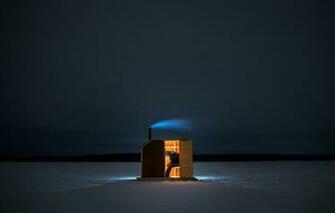 Man Fishing Smoke Ice Lake Light Horizon Mountains Sky Night