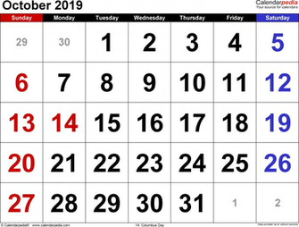 October Calendars For Word Excel Pdf