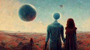 A Couple Looking Up Into The Space Made With Midjourney