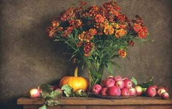 Wallpaper Still Life Flowers Apples Pumpkin Autumn