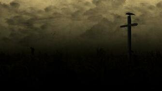 Horror Creepy Cross Dark Raven Country Field Wallpaper