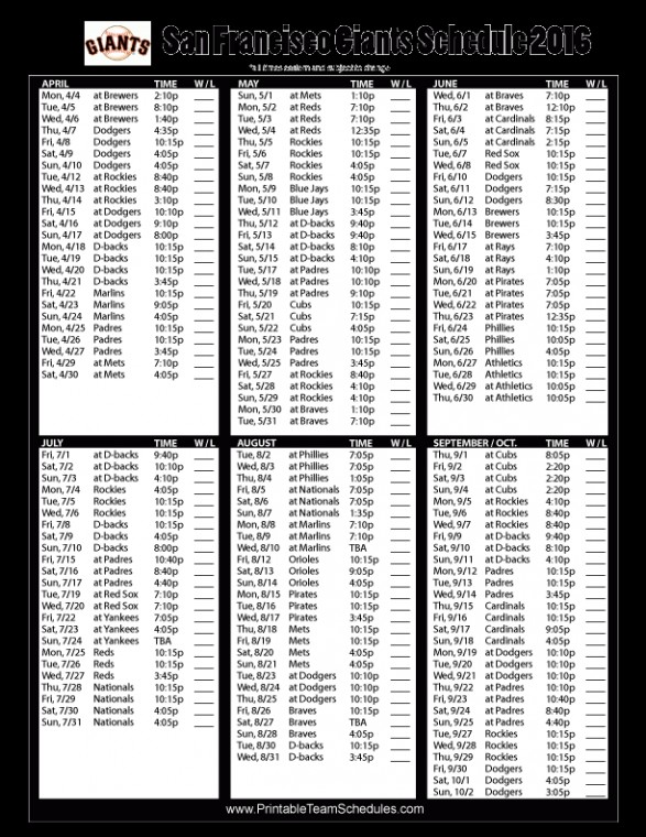 Sf Giants Schedule Printable Calendar