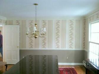 Wall Paper Applied Above Chair Rail With Complementary Paint Color
