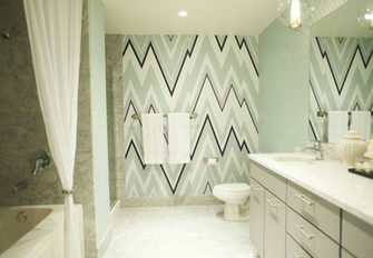 Fun Modern Bathroom Design With Osborne Little Volte Wallpaper