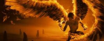 Wallpaper Angel Wings Fire Fog Rocks Dual
