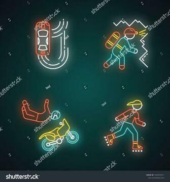Extreme Sports Neon Light Icons Set Auto Racing Drifting Car