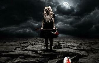 Wallpaper Girl Ax Moon Clouds Blood Fantasy