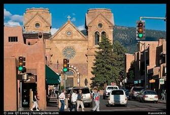 And Street With Cathedral Downtown Santa Fe New Mexico Usa Color