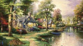 Wallpaper Landscape Picture Hometown Lake Painting Houses Trail